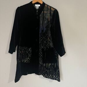 Vintage Anis A Black Velvet Top Shirt Size‎ Small Dark Sheer Silk Button Front